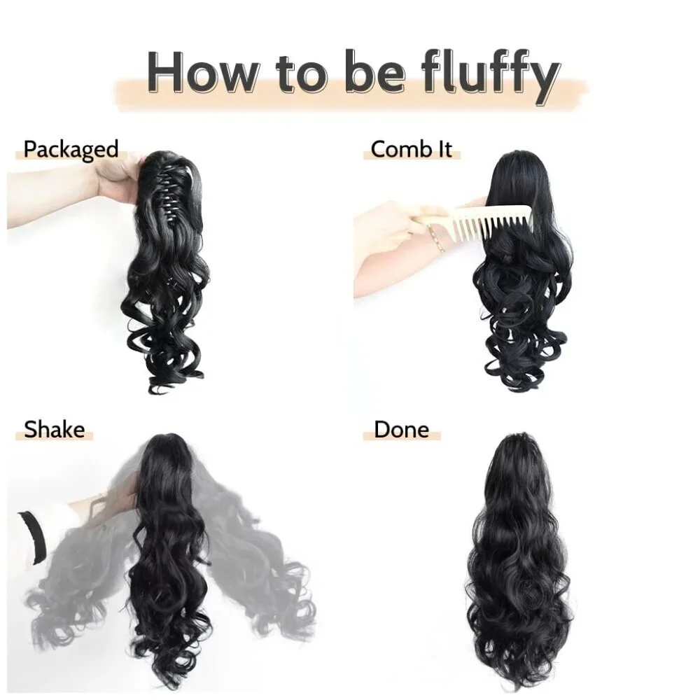Wavy Ponytail Extension Claw Clip Synthetic Hair for Women 16in Dark Brown